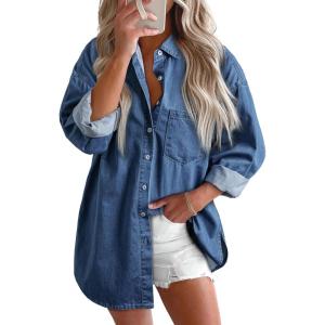 imageBTFBM Womens Button Down Denim Shirts Fall Lapel V Neck Lightweight Oversized Long Sleeve Thin Casual Blouse Tops PocketSolid Blue
