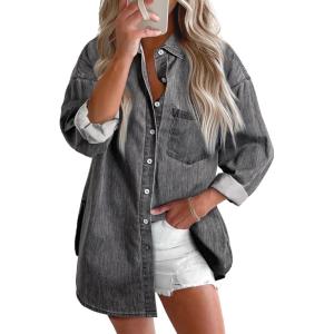 imageBTFBM Womens Button Down Denim Shirts Fall Lapel V Neck Lightweight Oversized Long Sleeve Thin Casual Blouse Tops PocketSolid Grey