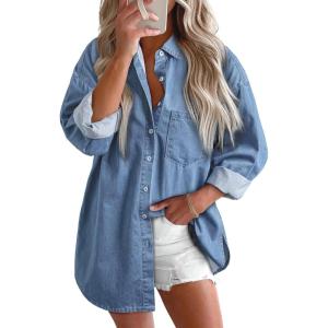 imageBTFBM Womens Button Down Denim Shirts Fall Lapel V Neck Lightweight Oversized Long Sleeve Thin Casual Blouse Tops PocketSolid Light Blue