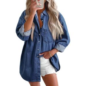 imageBTFBM Womens Button Down Denim Shirts Fall Lapel V Neck Lightweight Oversized Long Sleeve Thin Casual Blouse Tops PocketSolid Navy