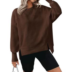 imageBTFBM Womens Casual Crewneck Sweatshirts 2025 Spring Fall Clothes Long Sleeve Side Slit Workout Fleece Pullover TopsCoffee