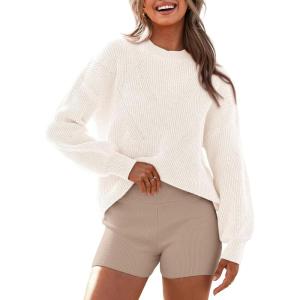imageBTFBM Womens Casual Long Sleeve Sweaters Crew Neck Oversized Ribbed Knit Pullover Sweater 2025 Fall Winter Jumper TopsSolid Beige White
