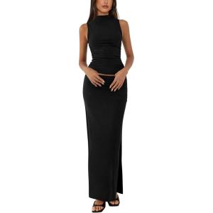 imageBTFBM Womens Two Piece Outfits Summer Lightweight 2025 Mock Neck Sleeveless Knit Tops Maxi Skirt Set Going Out DressBlack