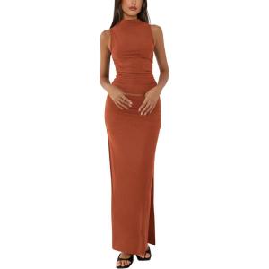 imageBTFBM Womens Two Piece Outfits Summer Lightweight 2025 Mock Neck Sleeveless Knit Tops Maxi Skirt Set Going Out DressBrick Red