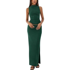 imageBTFBM Womens Two Piece Outfits Summer Lightweight 2025 Mock Neck Sleeveless Knit Tops Maxi Skirt Set Going Out DressDark Green