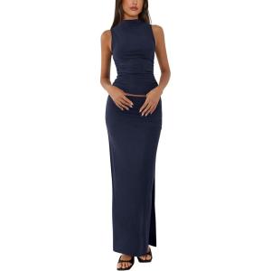 imageBTFBM Womens Two Piece Outfits Summer Lightweight 2025 Mock Neck Sleeveless Knit Tops Maxi Skirt Set Going Out DressNavy