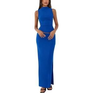 imageBTFBM Womens Two Piece Outfits Summer Lightweight 2025 Mock Neck Sleeveless Knit Tops Maxi Skirt Set Going Out DressRoyal Blue