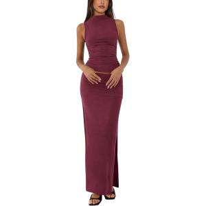 imageBTFBM Womens Two Piece Outfits Summer Lightweight 2025 Mock Neck Sleeveless Knit Tops Maxi Skirt Set Going Out DressWine Red