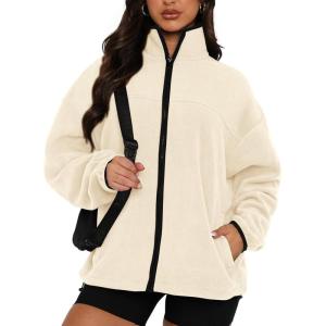 imageBTFBM Womens Zip Up Fleece Jackets Stand Collar 2024 Fall Winter Outerwear Casual Fuzzy Coats with PocketsApricot