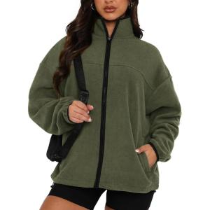 imageBTFBM Womens Zip Up Fleece Jackets Stand Collar 2024 Fall Winter Outerwear Casual Fuzzy Coats with PocketsArmy Green