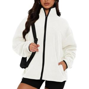 imageBTFBM Womens Zip Up Fleece Jackets Stand Collar 2024 Fall Winter Outerwear Casual Fuzzy Coats with PocketsBeige White