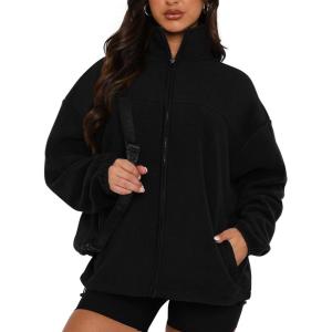 imageBTFBM Womens Zip Up Fleece Jackets Stand Collar 2024 Fall Winter Outerwear Casual Fuzzy Coats with PocketsBlack