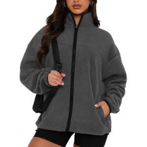 imageBTFBM Womens Zip Up Fleece Jackets Stand Collar 2024 Fall Winter Outerwear Casual Fuzzy Coats with PocketsDark Grey