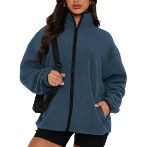 imageBTFBM Womens Zip Up Fleece Jackets Stand Collar 2024 Fall Winter Outerwear Casual Fuzzy Coats with PocketsGrey Blue