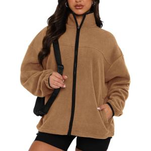 imageBTFBM Womens Zip Up Fleece Jackets Stand Collar 2024 Fall Winter Outerwear Casual Fuzzy Coats with PocketsKhaki
