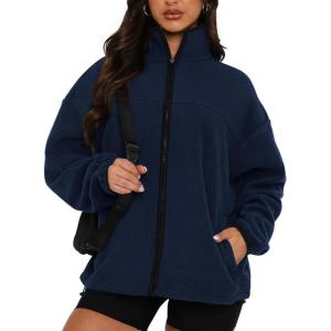 imageBTFBM Womens Zip Up Fleece Jackets Stand Collar 2024 Fall Winter Outerwear Casual Fuzzy Coats with PocketsNavy