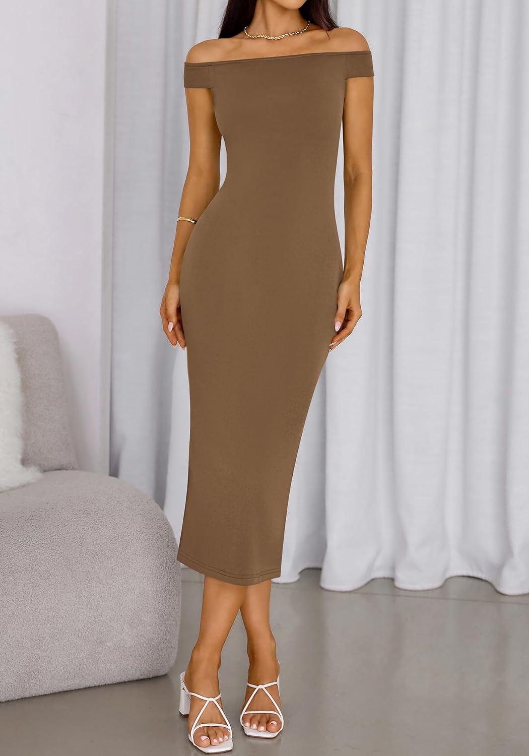 imageBTFBM Summer Dresses for Women 2025 Formal Maxi Sleeveless Off Shoulder Knit Bodycon Slit Cocktail Wedding Guest DressCamel