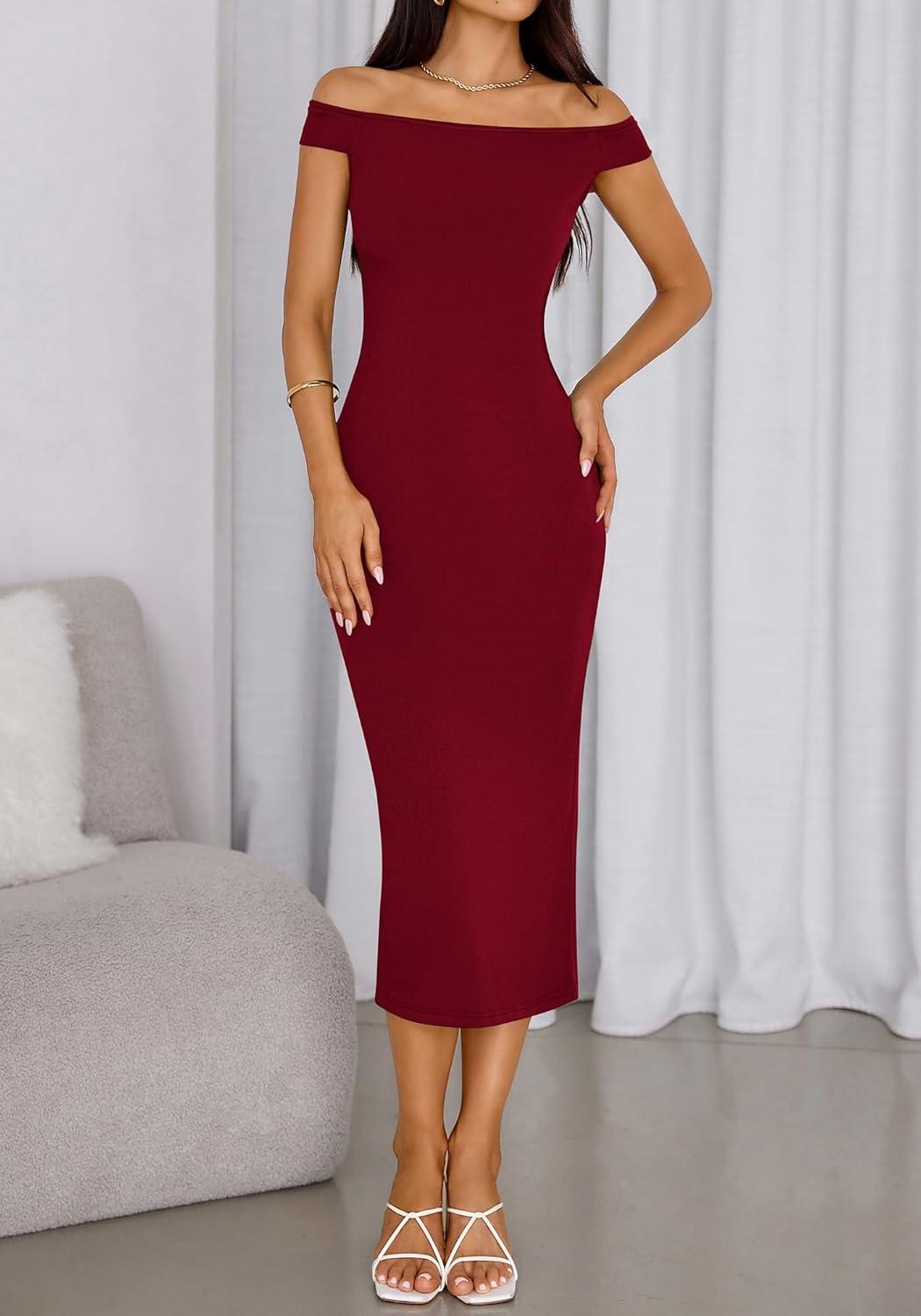 imageBTFBM Summer Dresses for Women 2025 Formal Maxi Sleeveless Off Shoulder Knit Bodycon Slit Cocktail Wedding Guest DressWine Red