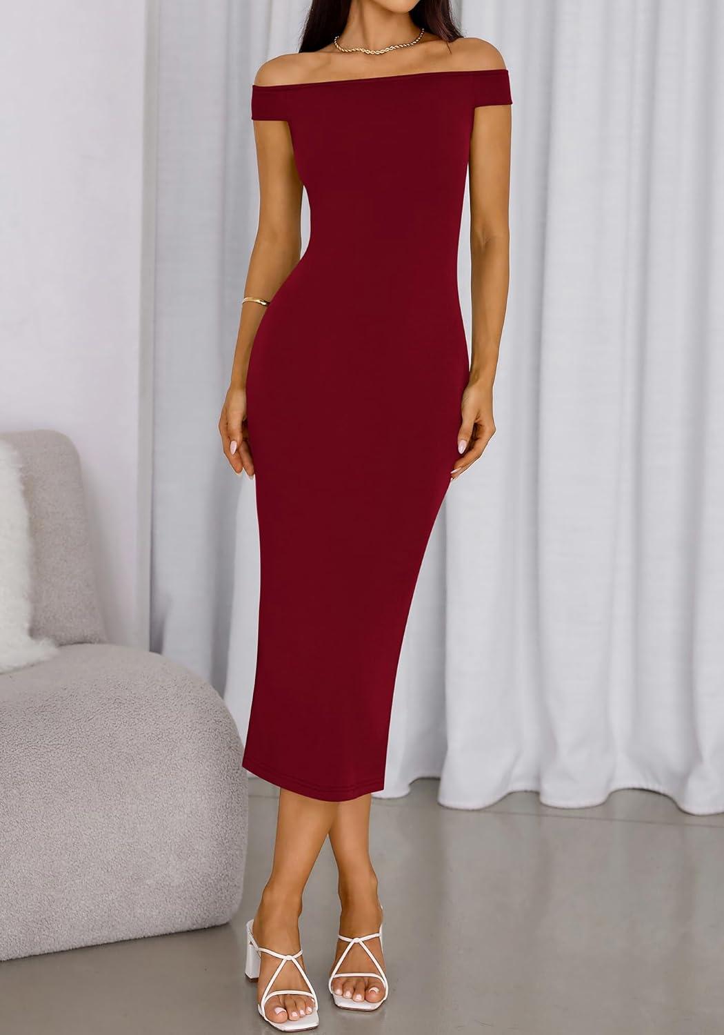 imageBTFBM Summer Dresses for Women 2025 Formal Maxi Sleeveless Off Shoulder Knit Bodycon Slit Cocktail Wedding Guest DressWine Red