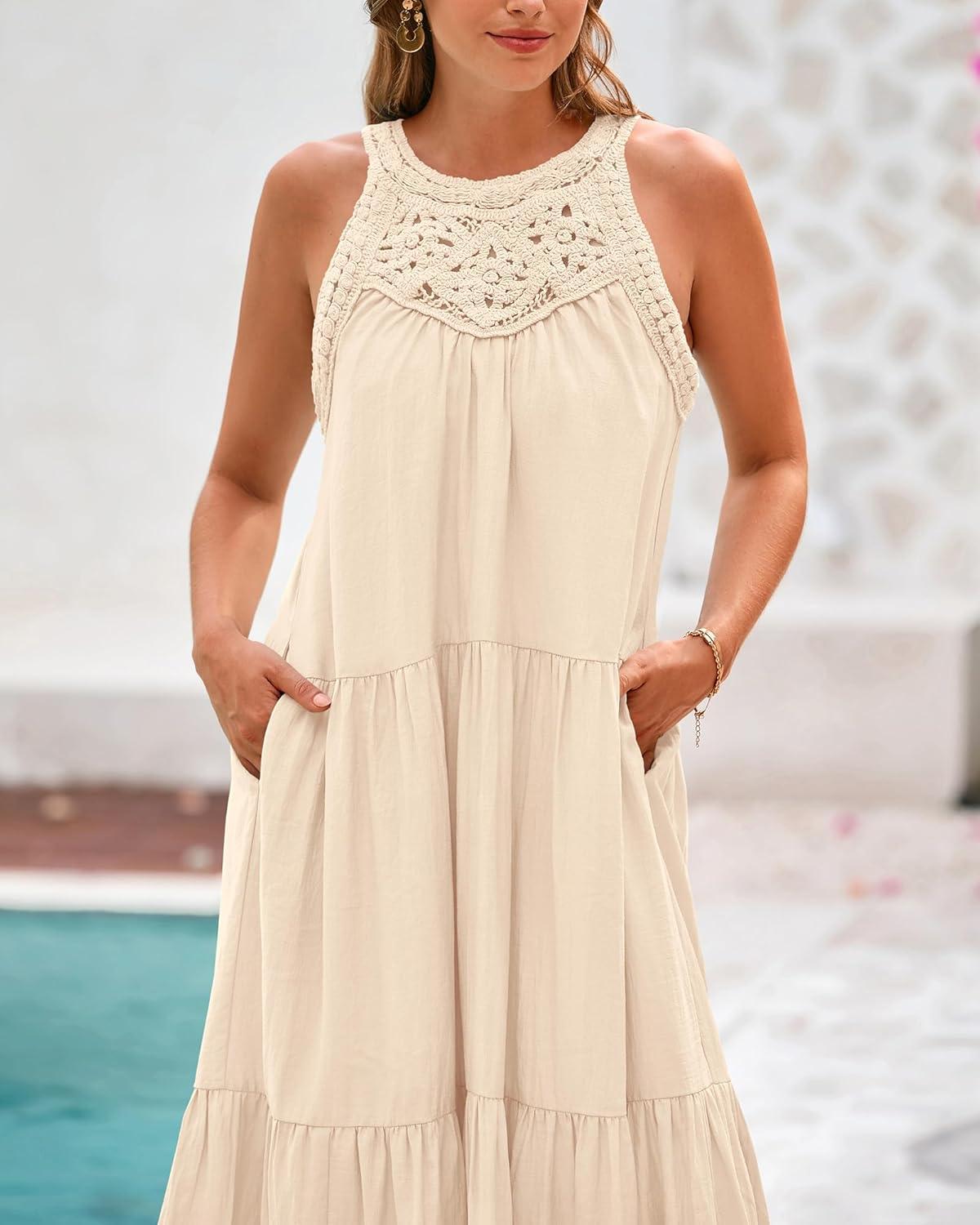 imageBTFBM Summer Halter Dresses for Women 2025 Casual Spring Hollow Out Sleeveless Boho Sundresses Beach Vacation Maxi DressApricot