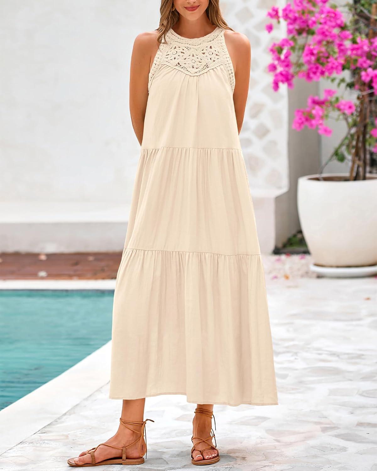 imageBTFBM Summer Halter Dresses for Women 2025 Casual Spring Hollow Out Sleeveless Boho Sundresses Beach Vacation Maxi DressApricot