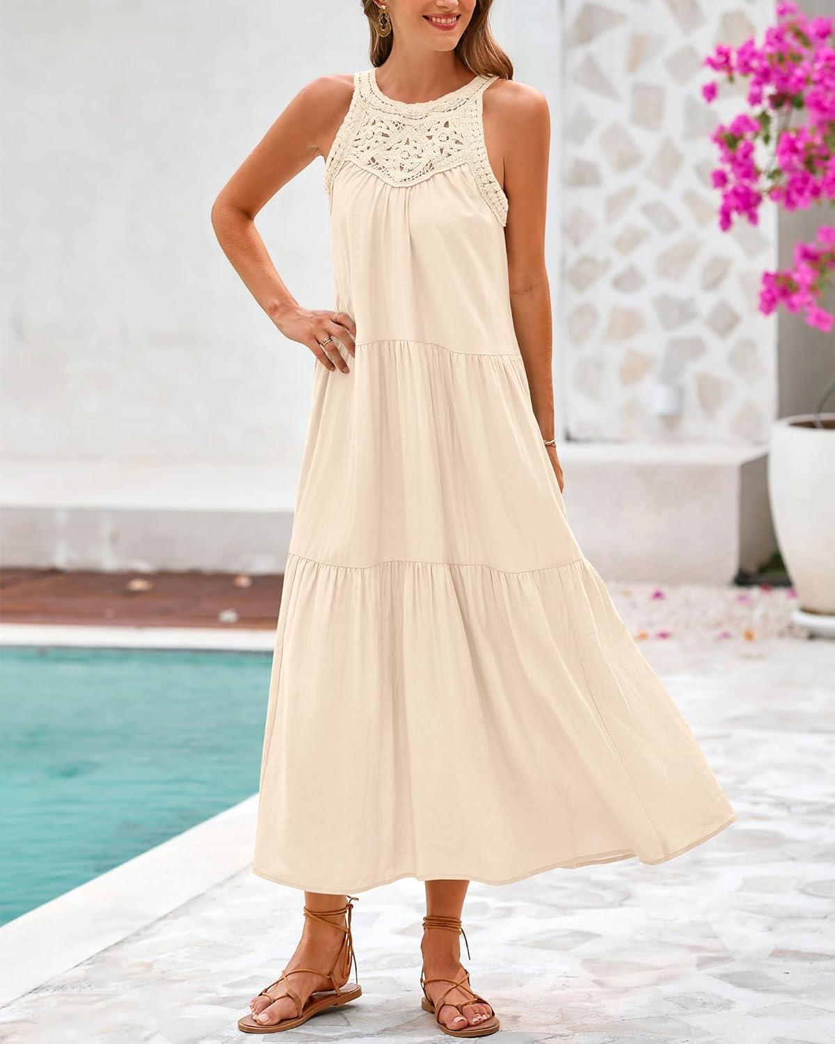 imageBTFBM Summer Halter Dresses for Women 2025 Casual Spring Hollow Out Sleeveless Boho Sundresses Beach Vacation Maxi DressApricot