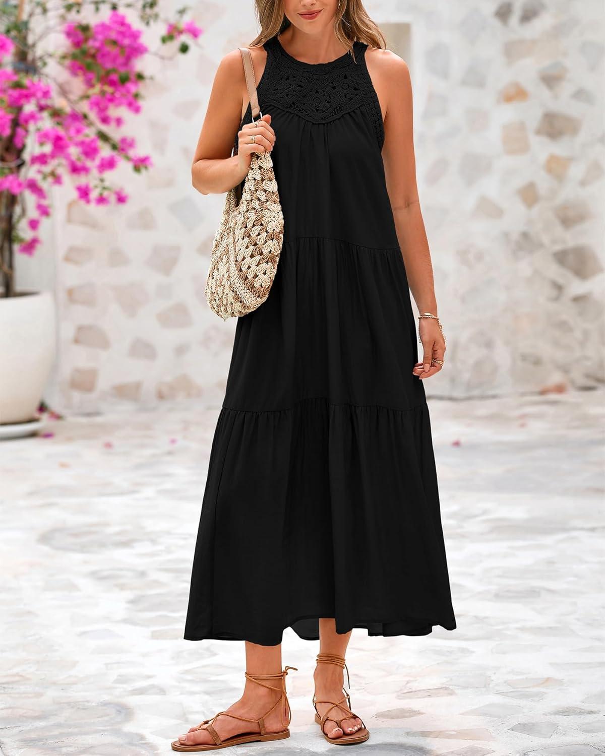 imageBTFBM Summer Halter Dresses for Women 2025 Casual Spring Hollow Out Sleeveless Boho Sundresses Beach Vacation Maxi DressBlack
