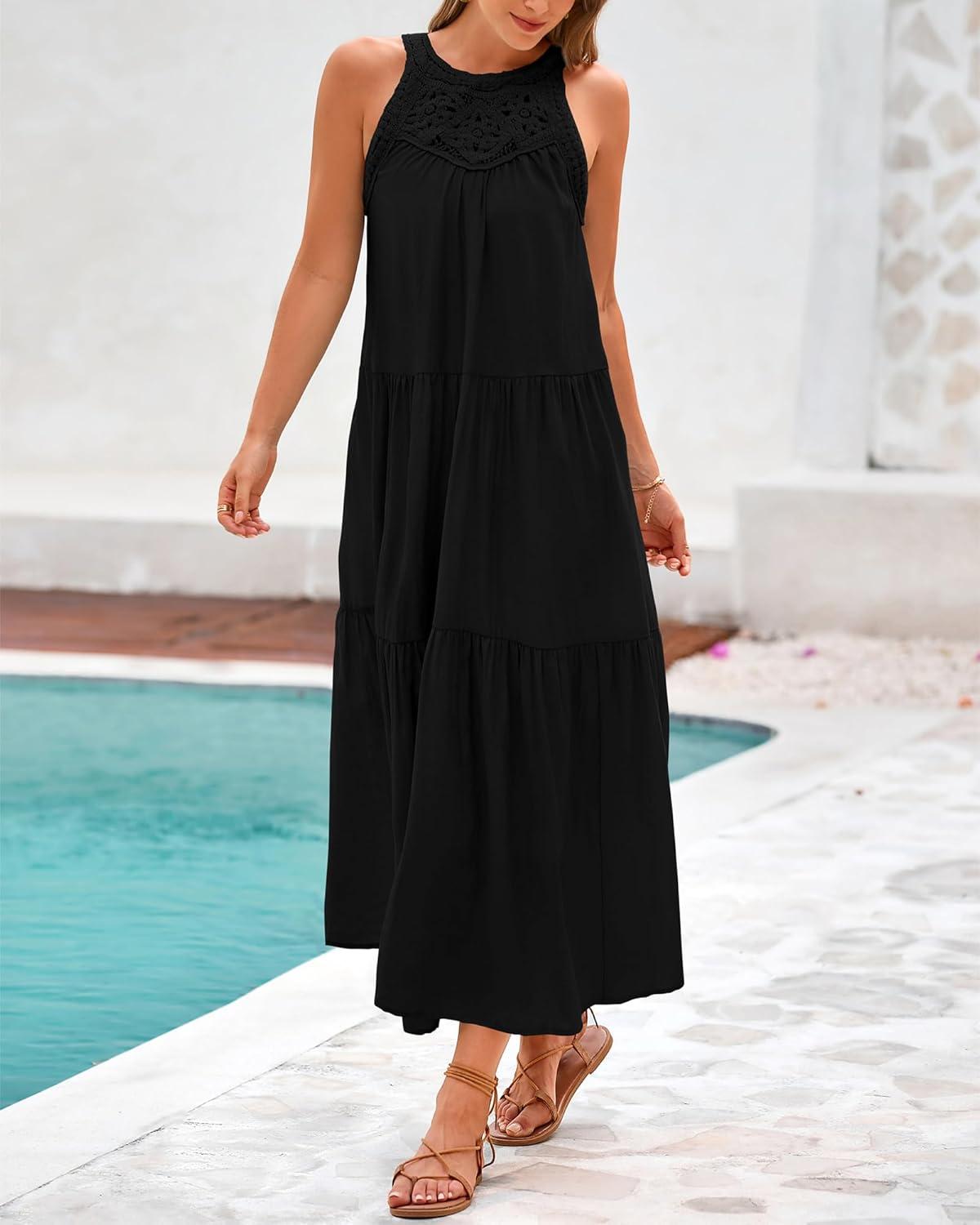 imageBTFBM Summer Halter Dresses for Women 2025 Casual Spring Hollow Out Sleeveless Boho Sundresses Beach Vacation Maxi DressBlack
