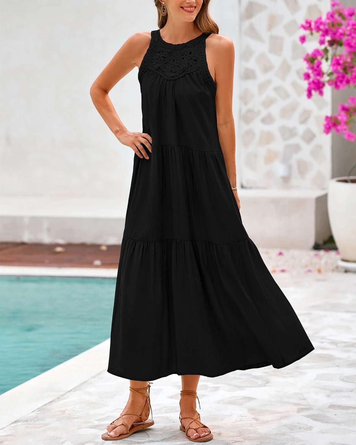 imageBTFBM Summer Halter Dresses for Women 2025 Casual Spring Hollow Out Sleeveless Boho Sundresses Beach Vacation Maxi DressBlack