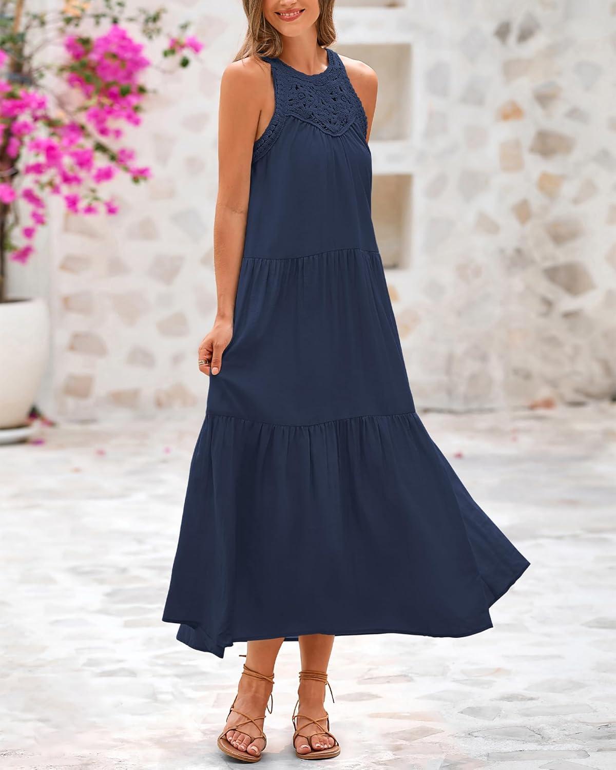 imageBTFBM Summer Halter Dresses for Women 2025 Casual Spring Hollow Out Sleeveless Boho Sundresses Beach Vacation Maxi DressDark Blue