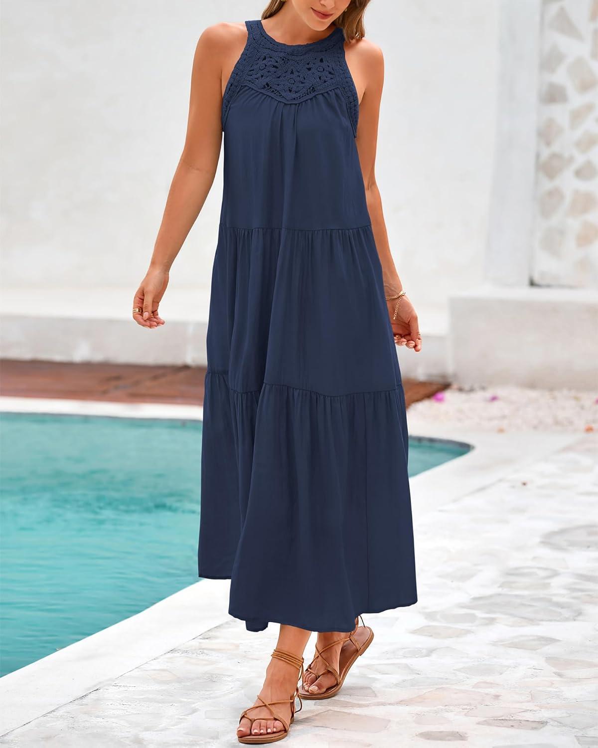 imageBTFBM Summer Halter Dresses for Women 2025 Casual Spring Hollow Out Sleeveless Boho Sundresses Beach Vacation Maxi DressDark Blue