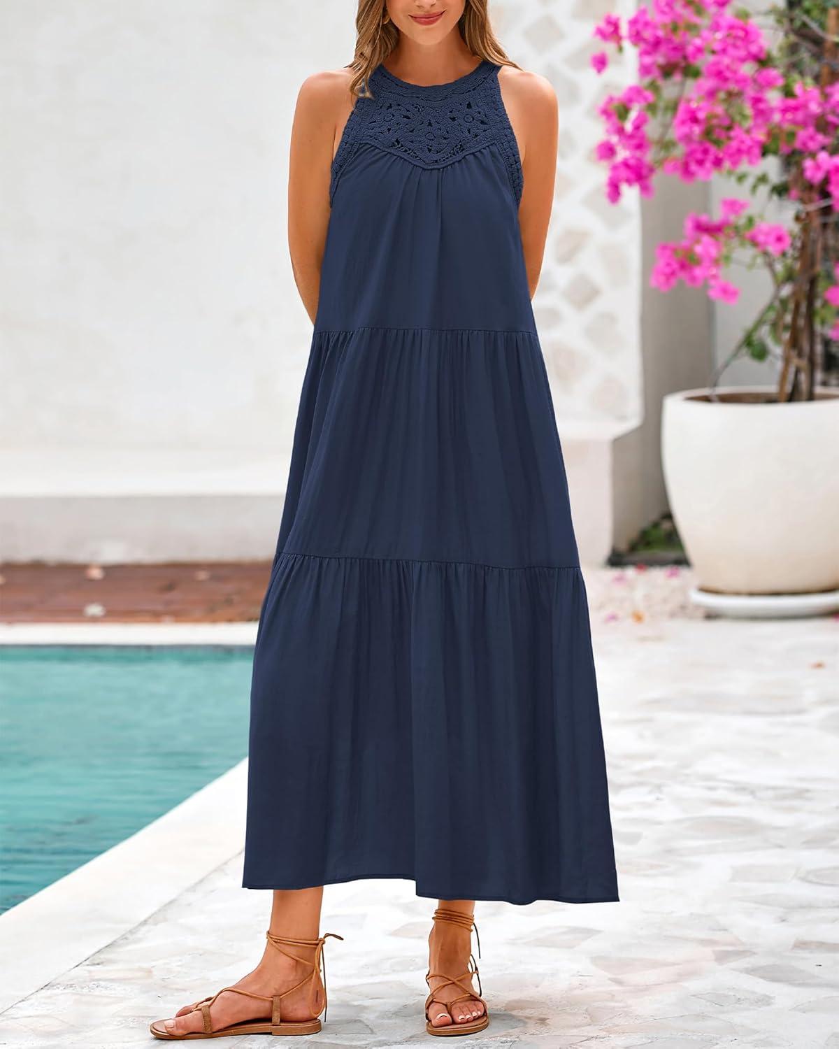 imageBTFBM Summer Halter Dresses for Women 2025 Casual Spring Hollow Out Sleeveless Boho Sundresses Beach Vacation Maxi DressDark Blue