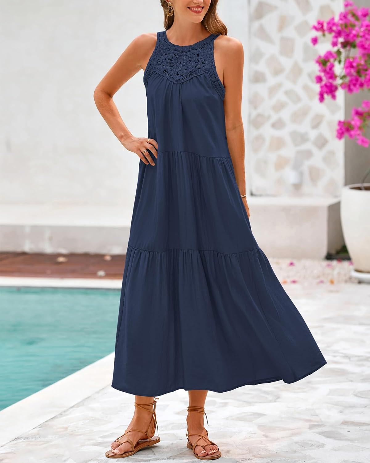 imageBTFBM Summer Halter Dresses for Women 2025 Casual Spring Hollow Out Sleeveless Boho Sundresses Beach Vacation Maxi DressDark Blue