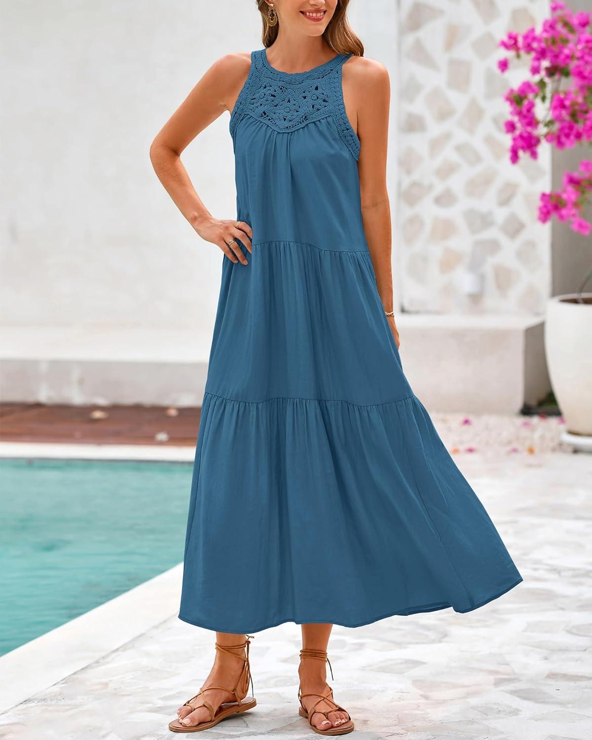 imageBTFBM Summer Halter Dresses for Women 2025 Casual Spring Hollow Out Sleeveless Boho Sundresses Beach Vacation Maxi DressLake Blue