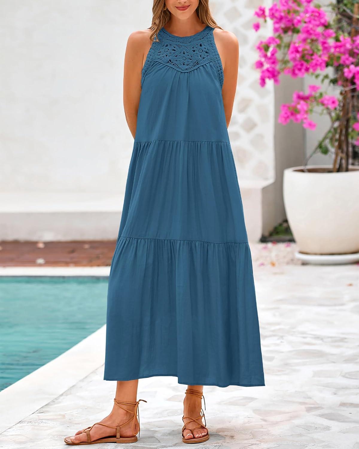 imageBTFBM Summer Halter Dresses for Women 2025 Casual Spring Hollow Out Sleeveless Boho Sundresses Beach Vacation Maxi DressLake Blue