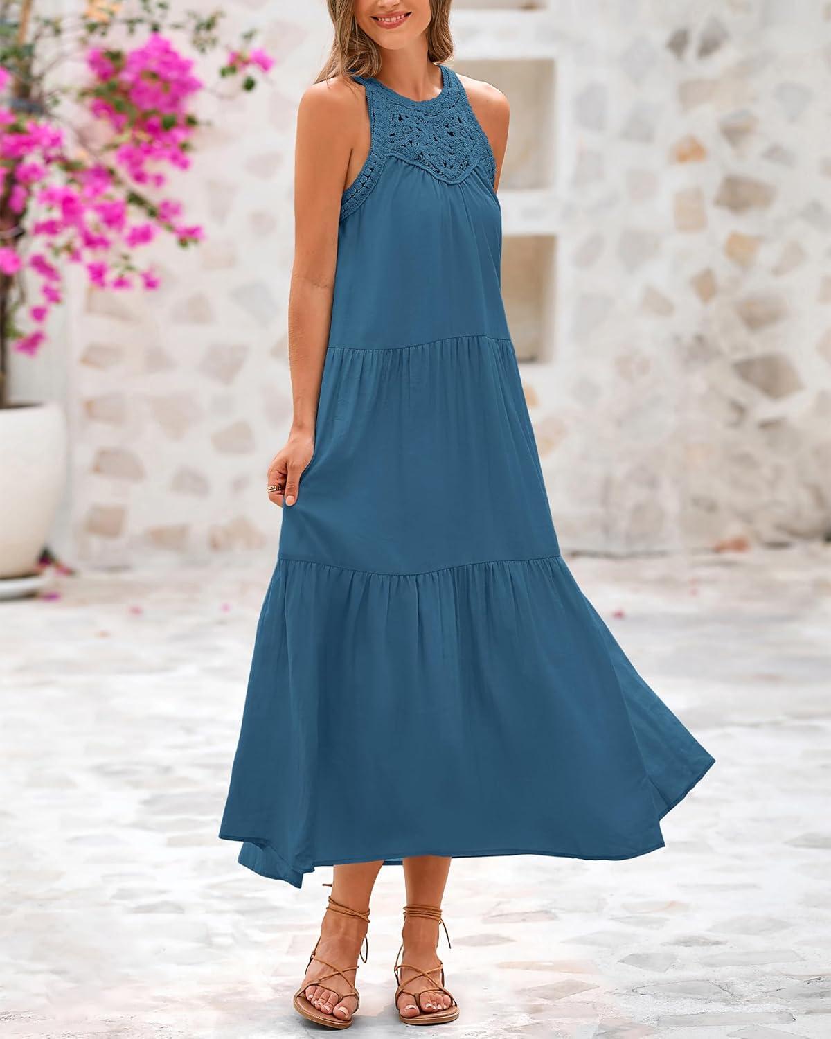 imageBTFBM Summer Halter Dresses for Women 2025 Casual Spring Hollow Out Sleeveless Boho Sundresses Beach Vacation Maxi DressLake Blue