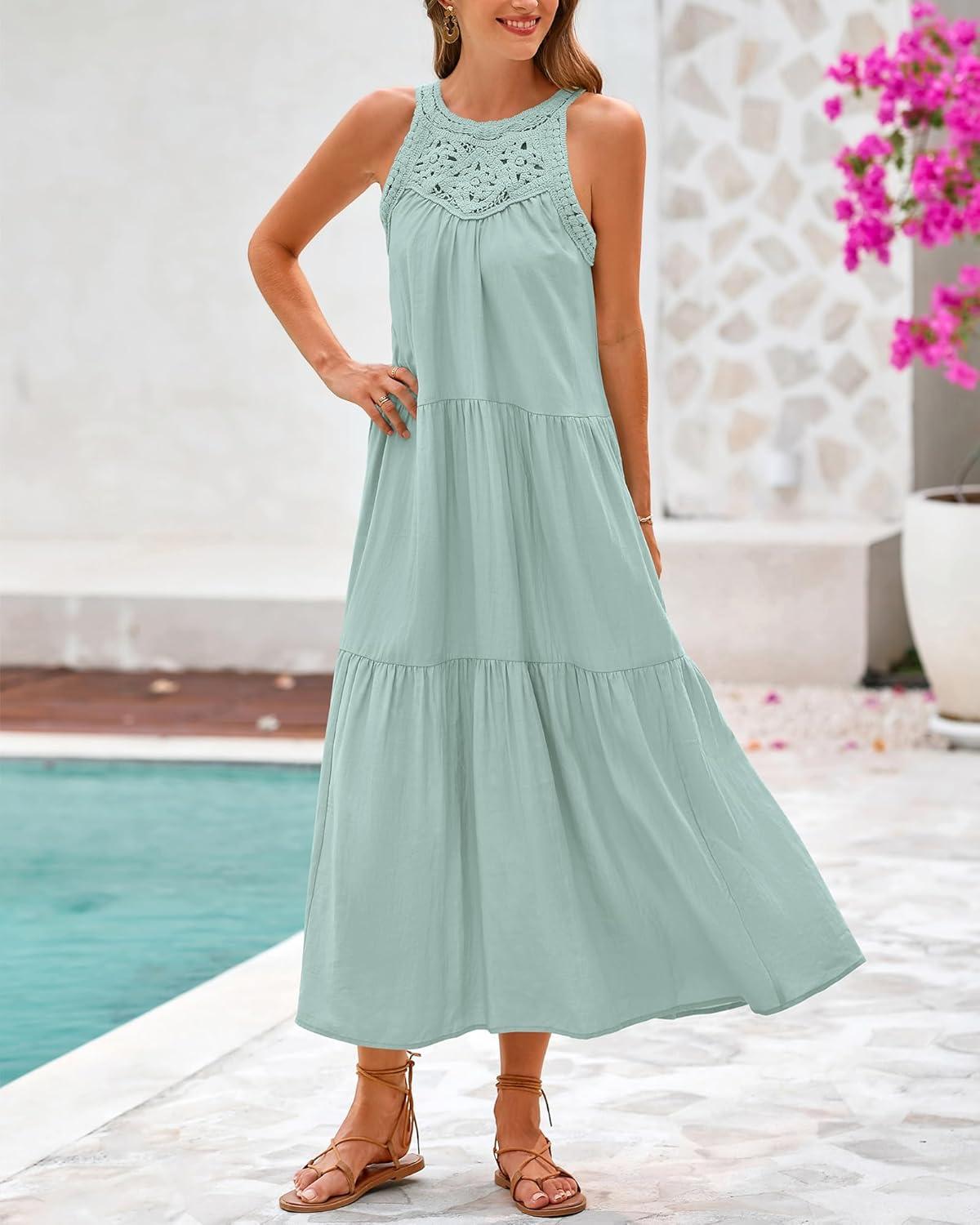 imageBTFBM Summer Halter Dresses for Women 2025 Casual Spring Hollow Out Sleeveless Boho Sundresses Beach Vacation Maxi DressMint Green