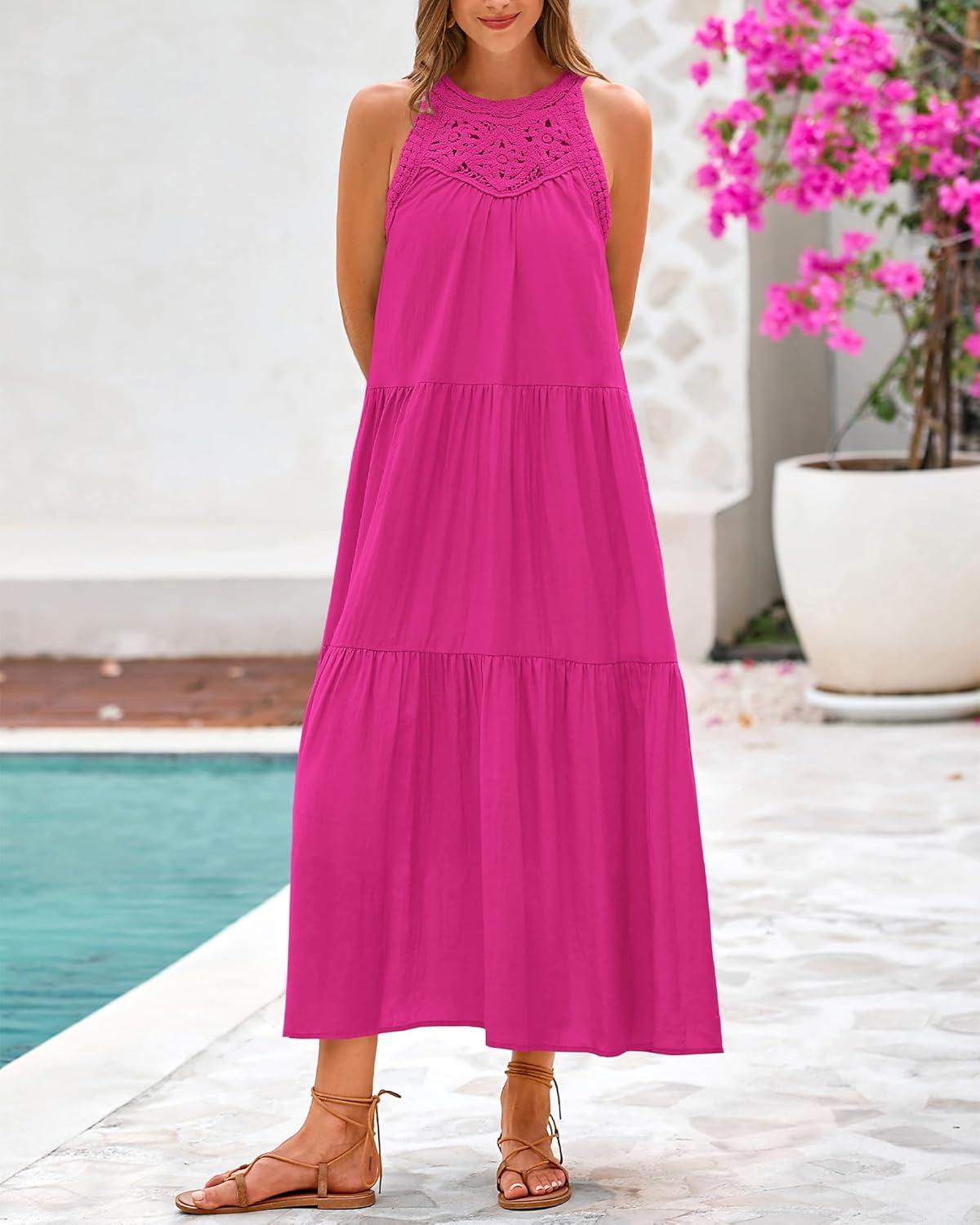 imageBTFBM Summer Halter Dresses for Women 2025 Casual Spring Hollow Out Sleeveless Boho Sundresses Beach Vacation Maxi DressRose Red