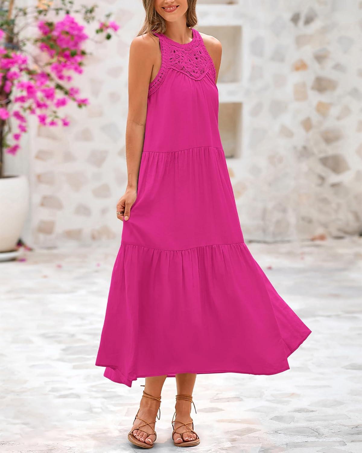 imageBTFBM Summer Halter Dresses for Women 2025 Casual Spring Hollow Out Sleeveless Boho Sundresses Beach Vacation Maxi DressRose Red