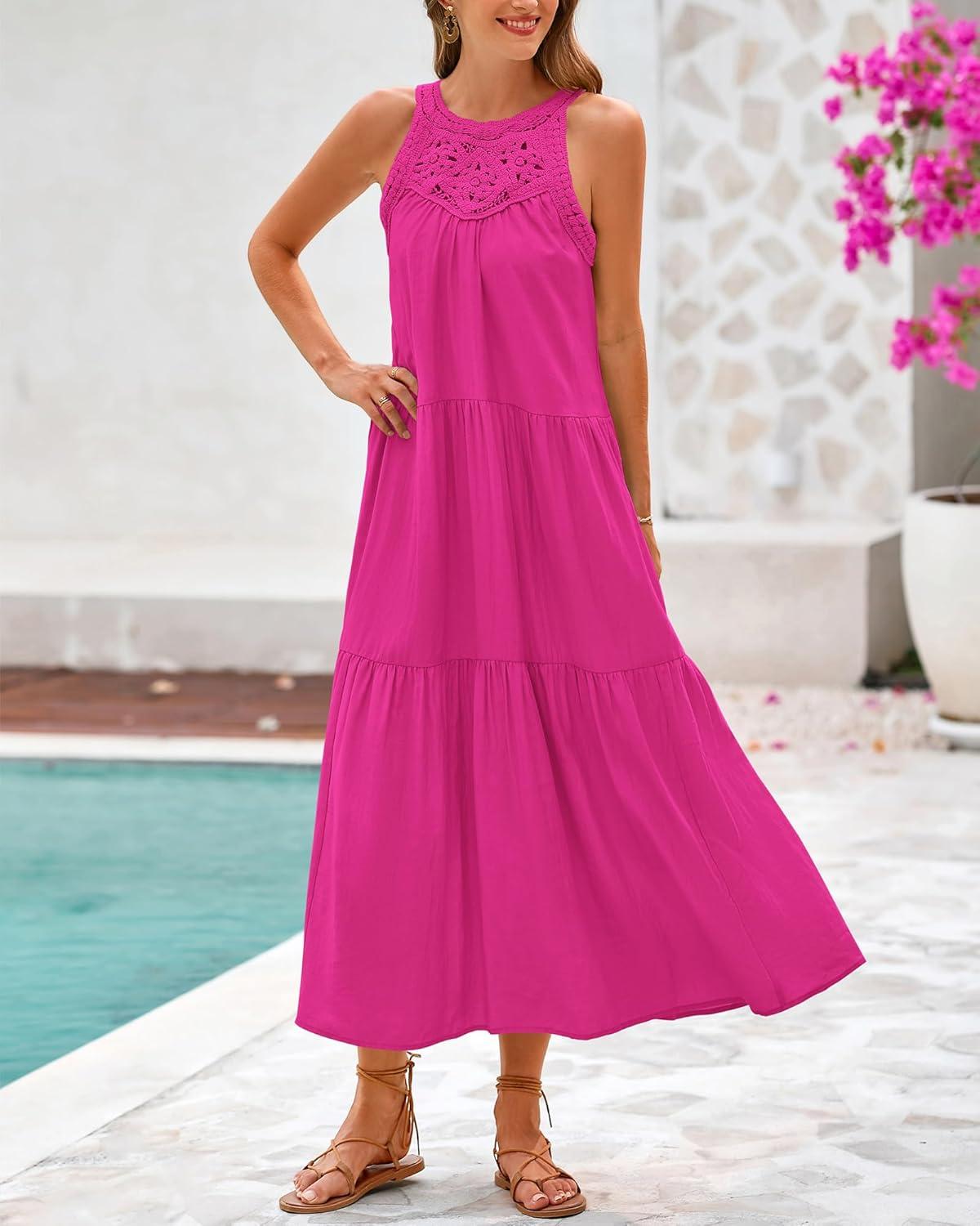 imageBTFBM Summer Halter Dresses for Women 2025 Casual Spring Hollow Out Sleeveless Boho Sundresses Beach Vacation Maxi DressRose Red