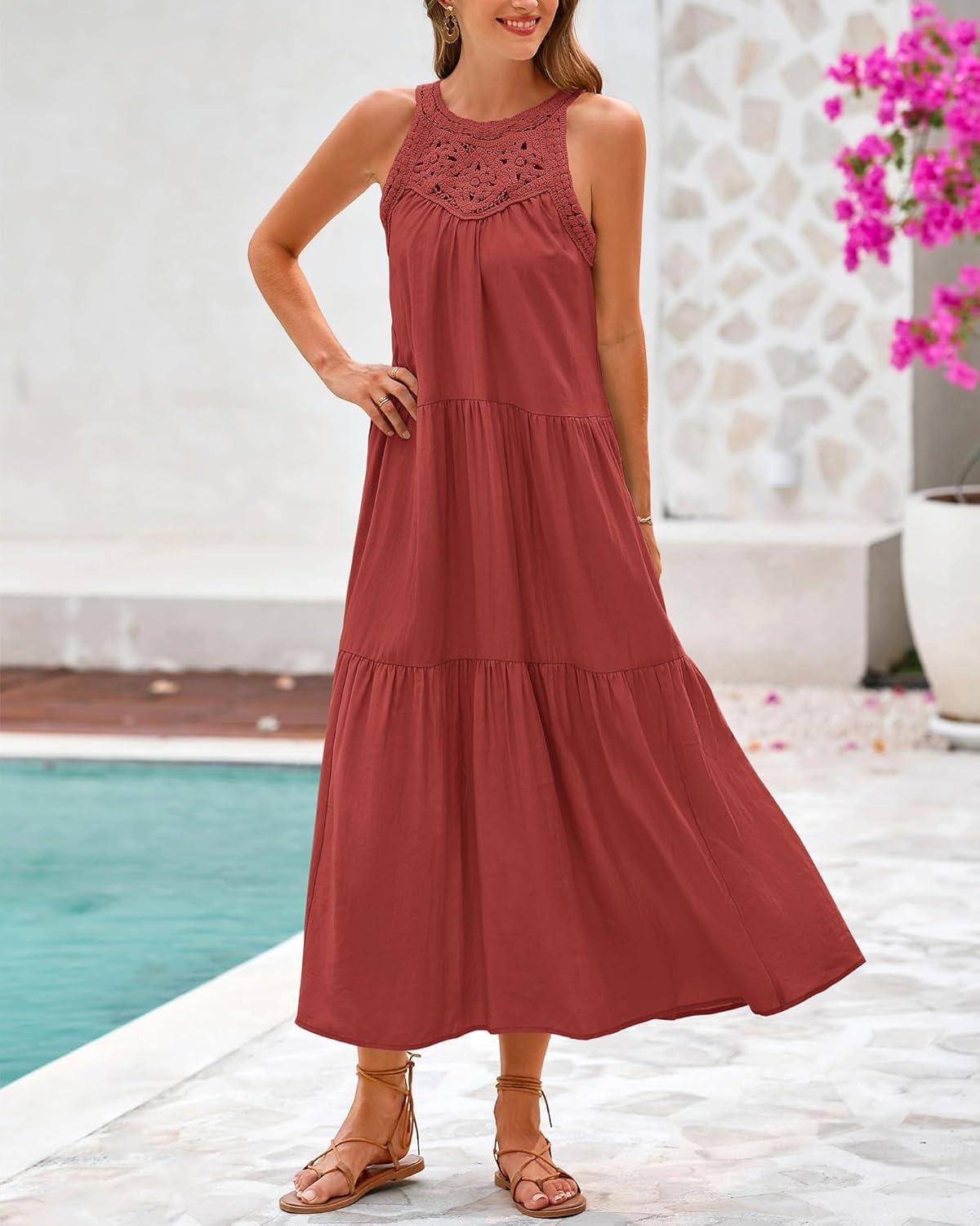 imageBTFBM Summer Halter Dresses for Women 2025 Casual Spring Hollow Out Sleeveless Boho Sundresses Beach Vacation Maxi DressRust Red