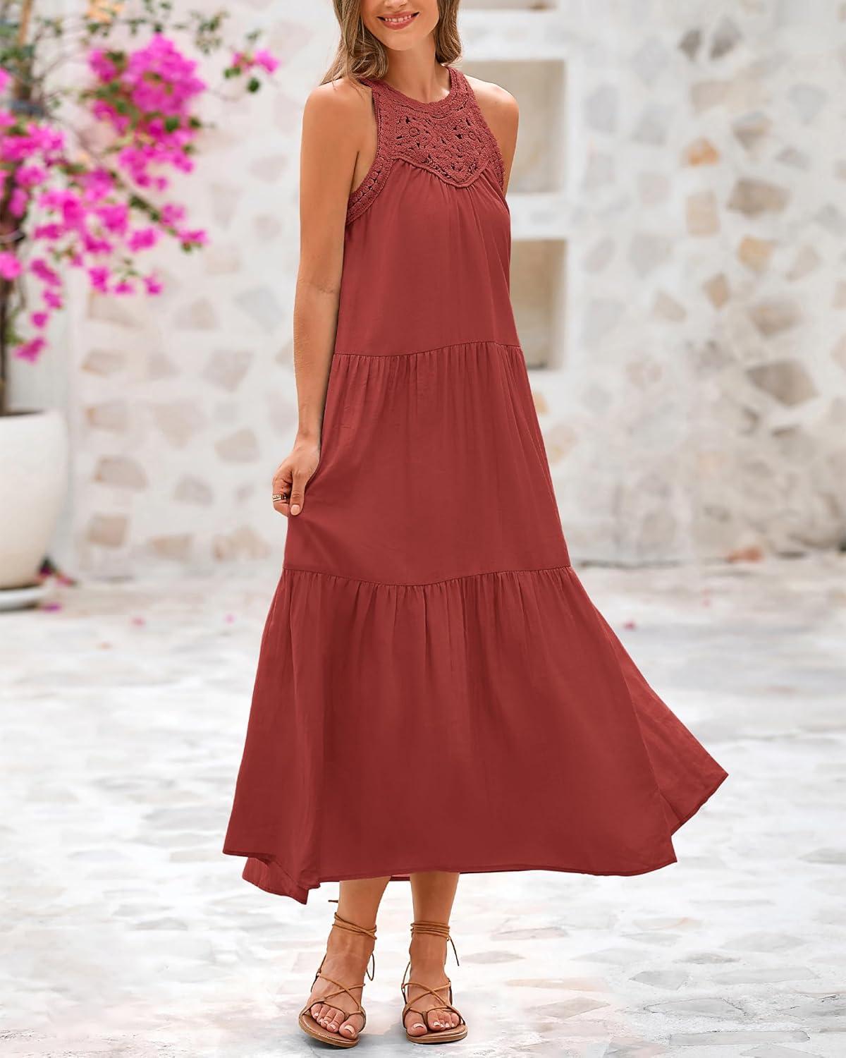imageBTFBM Summer Halter Dresses for Women 2025 Casual Spring Hollow Out Sleeveless Boho Sundresses Beach Vacation Maxi DressRust Red