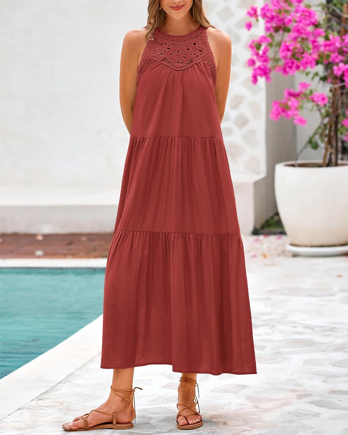 imageBTFBM Summer Halter Dresses for Women 2025 Casual Spring Hollow Out Sleeveless Boho Sundresses Beach Vacation Maxi DressRust Red