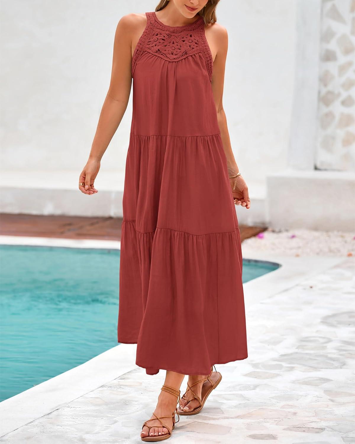 imageBTFBM Summer Halter Dresses for Women 2025 Casual Spring Hollow Out Sleeveless Boho Sundresses Beach Vacation Maxi DressRust Red