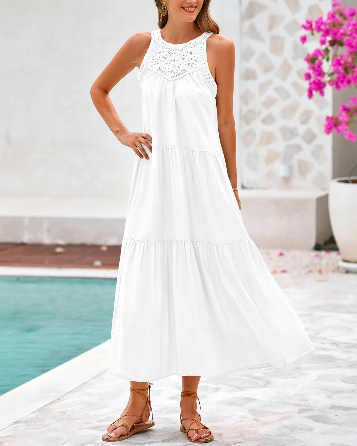 imageBTFBM Summer Halter Dresses for Women 2025 Casual Spring Hollow Out Sleeveless Boho Sundresses Beach Vacation Maxi DressWhite