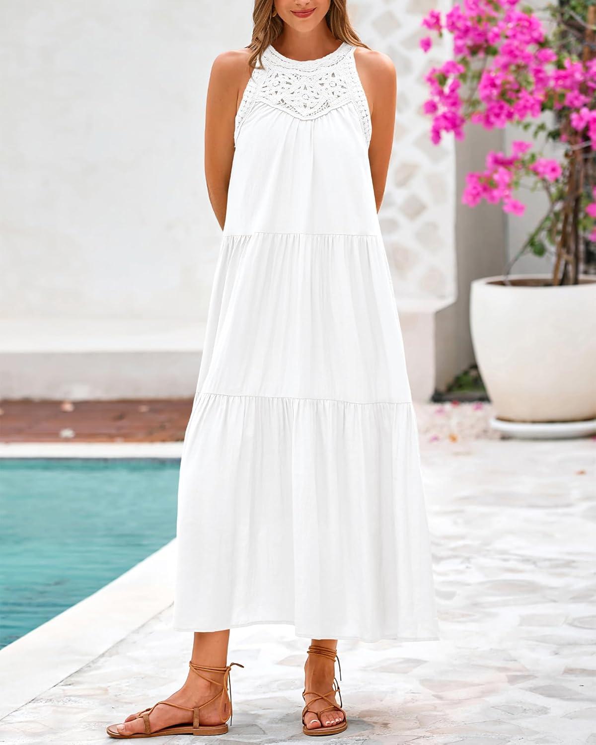 imageBTFBM Summer Halter Dresses for Women 2025 Casual Spring Hollow Out Sleeveless Boho Sundresses Beach Vacation Maxi DressWhite
