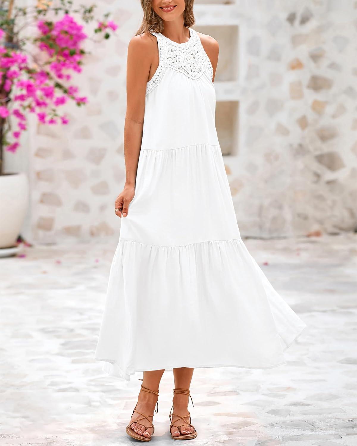 imageBTFBM Summer Halter Dresses for Women 2025 Casual Spring Hollow Out Sleeveless Boho Sundresses Beach Vacation Maxi DressWhite