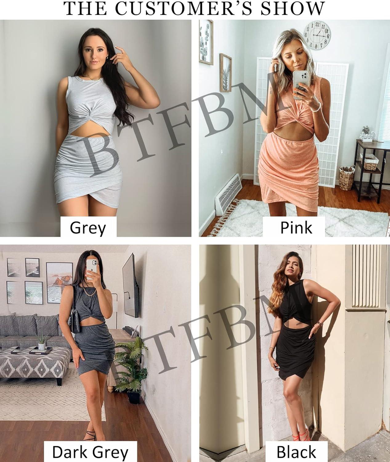 imageBTFBM Women 2024 Summer Sleeveless Casual Crewneck Bodycon Tank Dress Cutout Twist Slim Wrap Club Party Evening DressesSolid Light Blue Medium