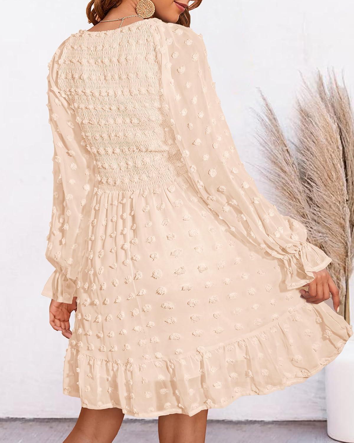 imageBTFBM Women Smocked Short Dress V Neck Long Sleeve Casual Swiss Dot Ruffle Chiffon Flowy Mini Summer Spring Dresses 2025Solid Apricot