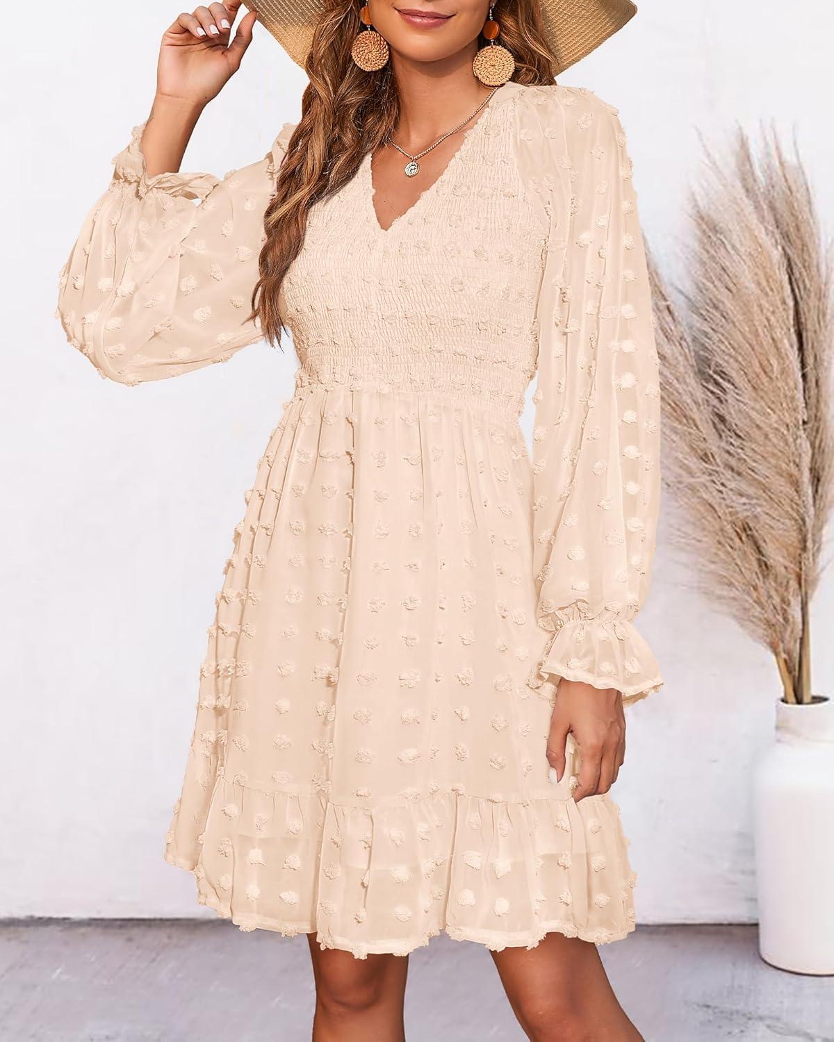 imageBTFBM Women Smocked Short Dress V Neck Long Sleeve Casual Swiss Dot Ruffle Chiffon Flowy Mini Summer Spring Dresses 2025Solid Apricot